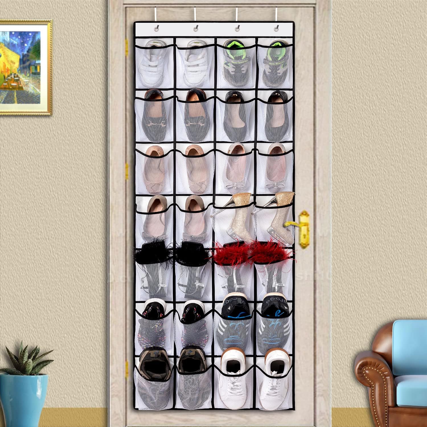 REGELETO 28 Large Pocket Over the Door Shoe Organzier, Hanging Shoe Rack for Door Large Capacity Shoe Organizer Holder with 4 Metal Hooks.