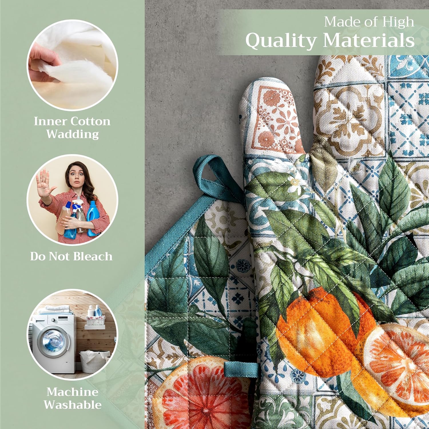 Maison d' Hermine 100% Cotton Oven Mitt & Pot Holder Set (7.5"x13" & 8"x8") Heat Resistant BBQ Cooking Gloves with Loop, Baking, Grilling, Kitchen, Handling Hot Pans Spring/Summer (Agrume)