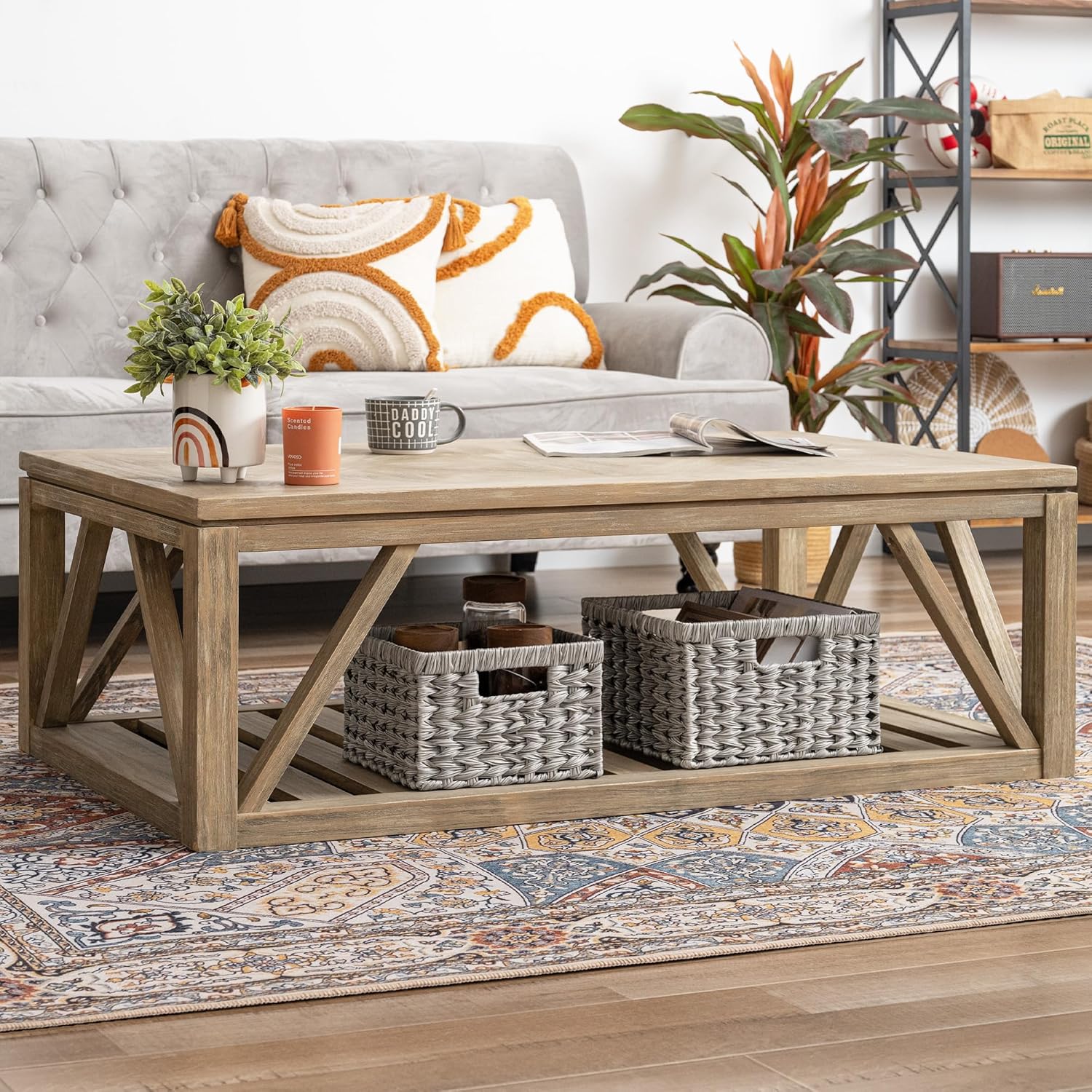 GRANNY SAYS Wicker Baskets for Organizing, Storage Basket for Shelves, Square Shelf Baskets with Handles, Waterproof Woven Basket for Living Room, Baskets for Entryway, Grey