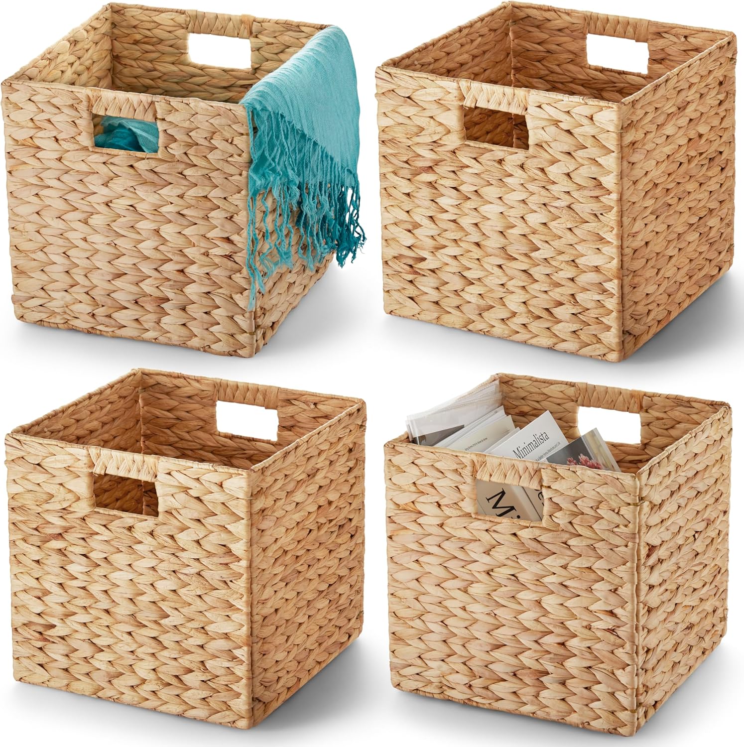 BLUEWEST Water Hyacinth Storage Basket (Set of 4) Woven Hyacinth Storage Basket, Laundry Water Hyacinth Bin for Organizing with Carrying Handles, Rattan for Shelves
