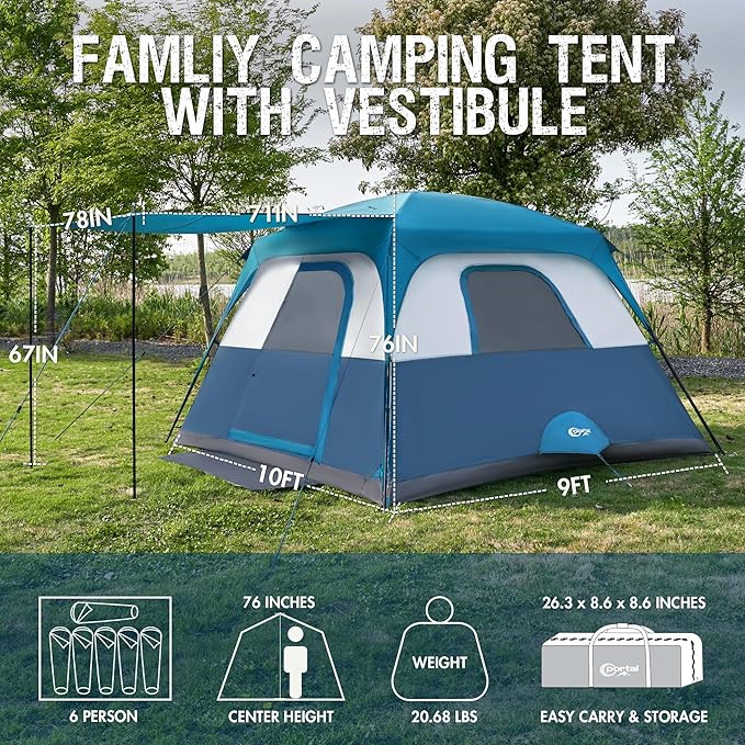 PORTAL 6 | 8 | 10 Person Family Camping Tent with Porch, Big Family Camping Tent with Tall Height, Good Ventilation, Water Resitant Large Tent for Outdoor Camping, Backyard