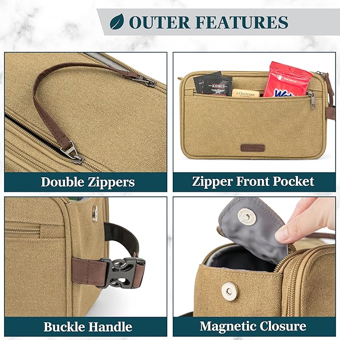 PAVILIA Toiletry Bag for Men, Canvas Travel Dopp Kit, Water Resistant Hygiene Bag Toiletries Organizer, Shaving Kit Travel Accessories Bag, Tan Khaki, Extra Large