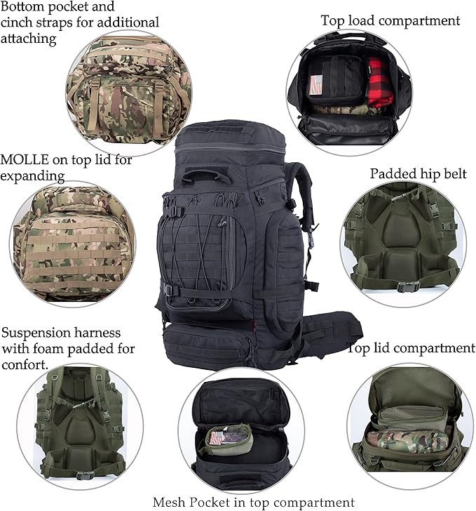 Large Military Backpack Army Rucksack Tactical MOLLE Pack for Camping Backpacking Hunting Bushcraft Adventure 70L…