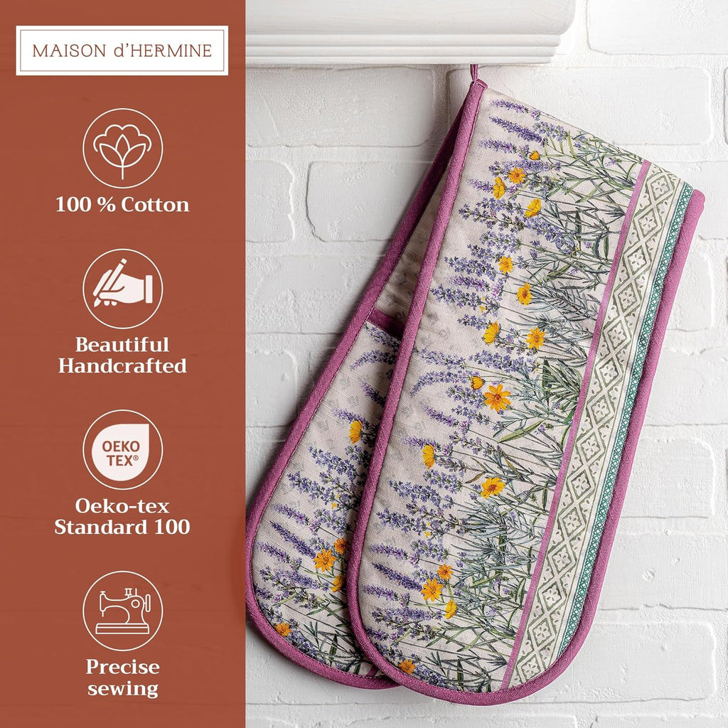 Maison d' Hermine Double Oven Mitts 100% Cotton 7"x35" Double Oven Mitt Heat Resistant BBQ Cooking Gloves with Loop, Baking, Grilling, Home, Kitchen, Handling Hot Pans Spring Summer (Fanny Lavender)