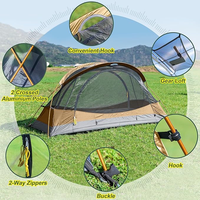 1 Person Backpacking Tent, Waterproof 4 Season Tent, Lightweight Cold Weather Tent Easy Setup for Winter Hiking, Camping, Hunting