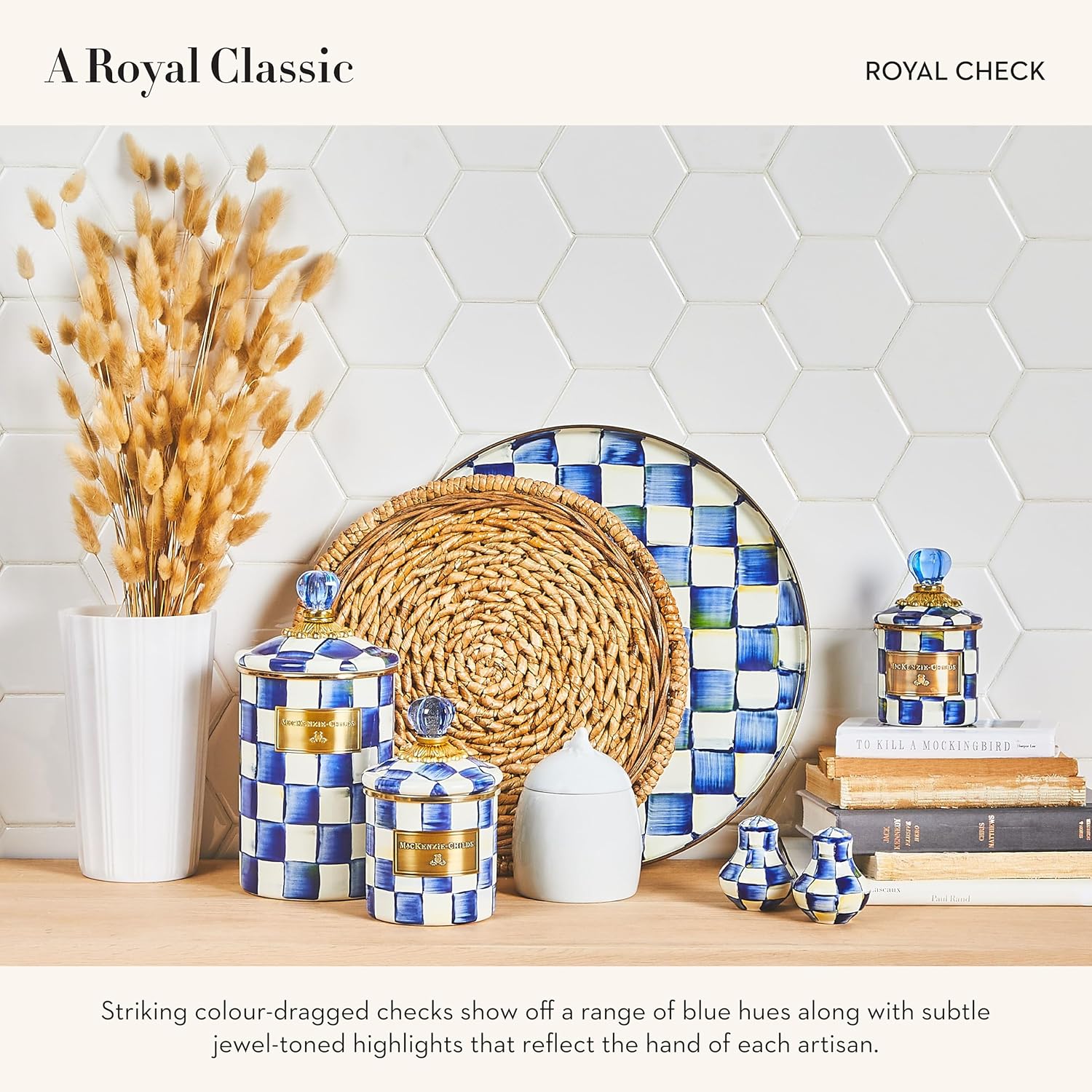 MACKENZIE-CHILDS Enamel Round Tray, Unique Serving Platter for Food and Drinks, Blue-and-White Royal Check