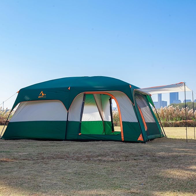 KTT Extra Large Tent 10-12-14 Person(A),Family Cabin Tents,2 Rooms,3 Doors and 3 Windows with Mesh,Straight Wall,Waterproof,Double Layer,Big Tent for Outdoor,Picnic,Camping,Family Gathering