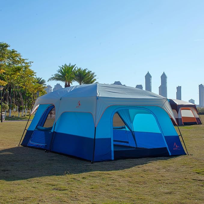 KTT Extra Large Tent 10-12-14 Person(A),Family Cabin Tents,2 Rooms,3 Doors and 3 Windows with Mesh,Straight Wall,Waterproof,Double Layer,Big Tent for Outdoor,Picnic,Camping,Family Gathering
