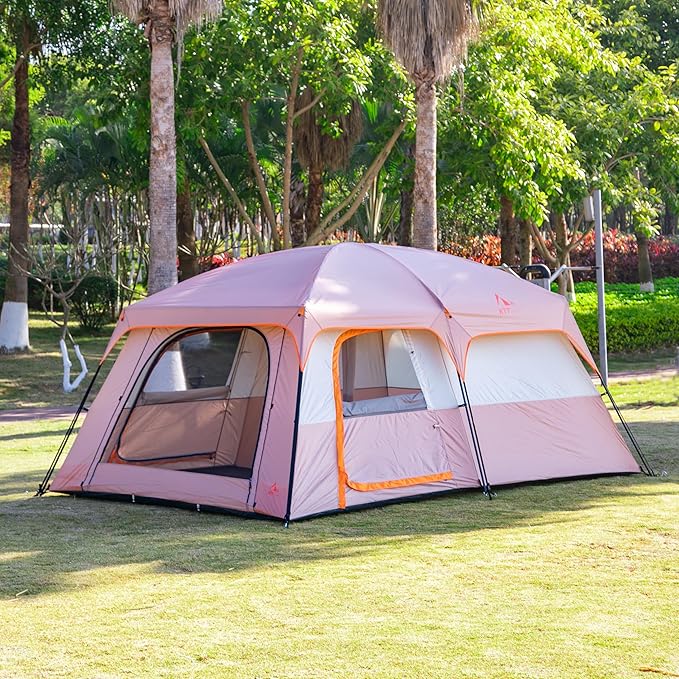 KTT Extra Large Tent 10-12-14 Person(A),Family Cabin Tents,2 Rooms,3 Doors and 3 Windows with Mesh,Straight Wall,Waterproof,Double Layer,Big Tent for Outdoor,Picnic,Camping,Family Gathering