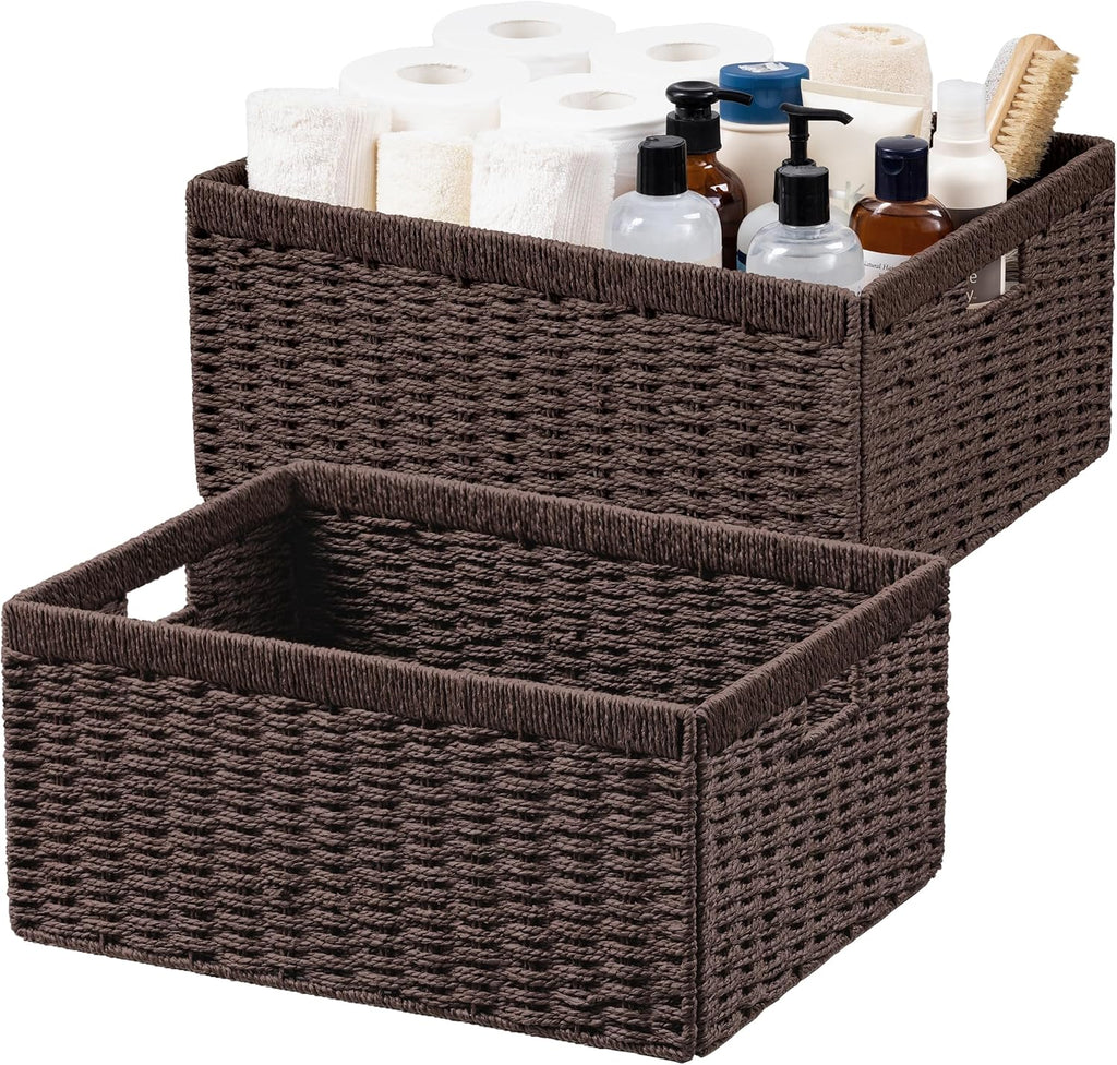 UBBCARE 2 Pack Wicker Basket, 16.5L×13H×7.5W inch Woven Paper Rope Storage Baskets for shelves, Foldable Rectangular Storage Baskets with Handle, Storage Basket for Organizing, Dark Brown