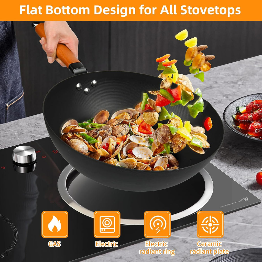 12.5-Inch Carbon Steel Wok with Lid – Pre-Seasoned Flat Bottom Stir-Fry Pan, Nonstick Wok for Induction, Gas, Electric & All Stovetops – Chinese Wok with Glass Lid
