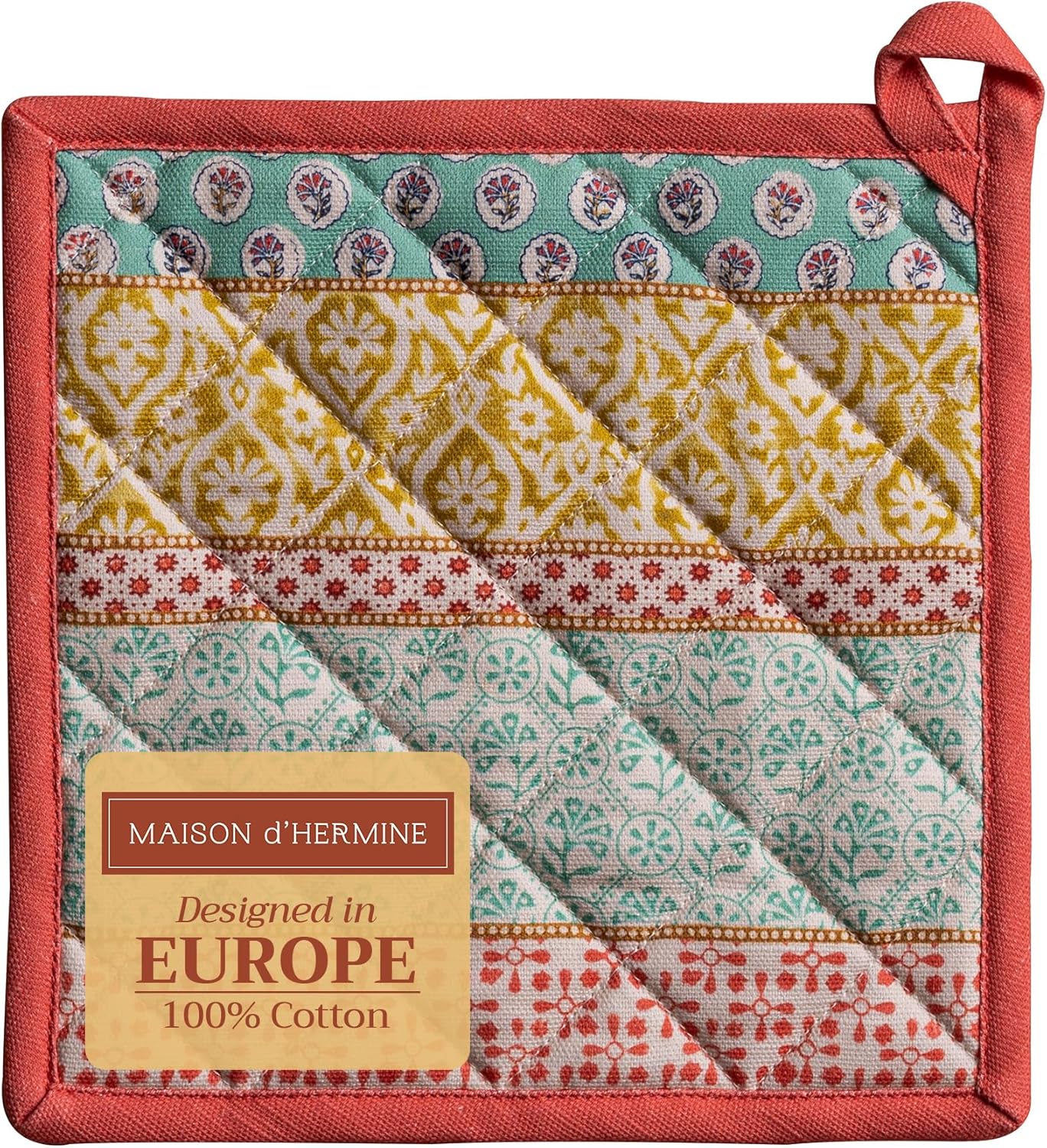 Maison d' Hermine Pot Holders 100% Cotton Heat Resistant Potholders 8" x 8" Hot Pads with Loop BBQ, Cooking, Baking, Grilling, Kitchen, Handling Hot Pans Spring/Summer (Pack of 1, Provence)