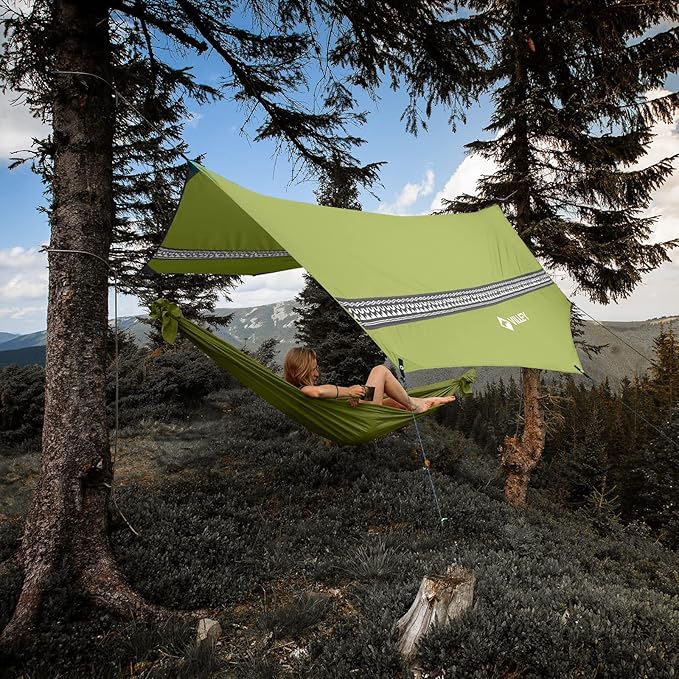 VILLEY Hammock Tent Rain Fly, Octagonal Waterproof Camping Tarp, Sun Shelter for Camping, Backpacking, Hiking, Accessory Includes Stakes, Ropes and Carry Bag (Green)