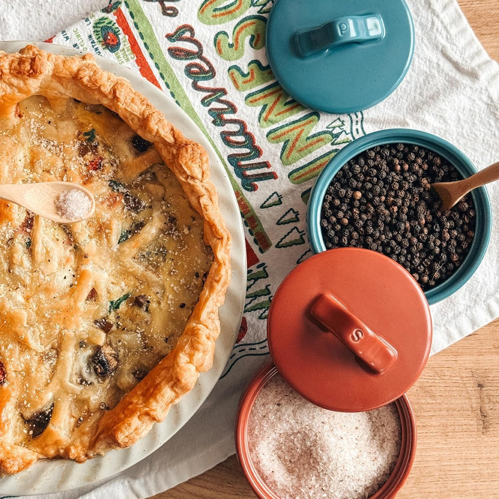 Mora Ceramic Salt and Pepper Cellar Set with Lid - 10 oz Modern Canister/Container/Bowl for Storage, Sea Salt, Spice, Sugar, Countertop - Small Dish/Jar with Wood Spoon, Azure Blue & Crimson Red Crock