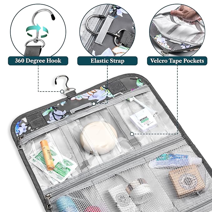 PAVILIA Hanging Toiletry Bag Women Men, Travel Kit Foldable Large Toiletries Organizer, Roll up Cosmetics Makeup Bag Accessories, Waterproof Essentials Jewelry Case (Floral Grey)