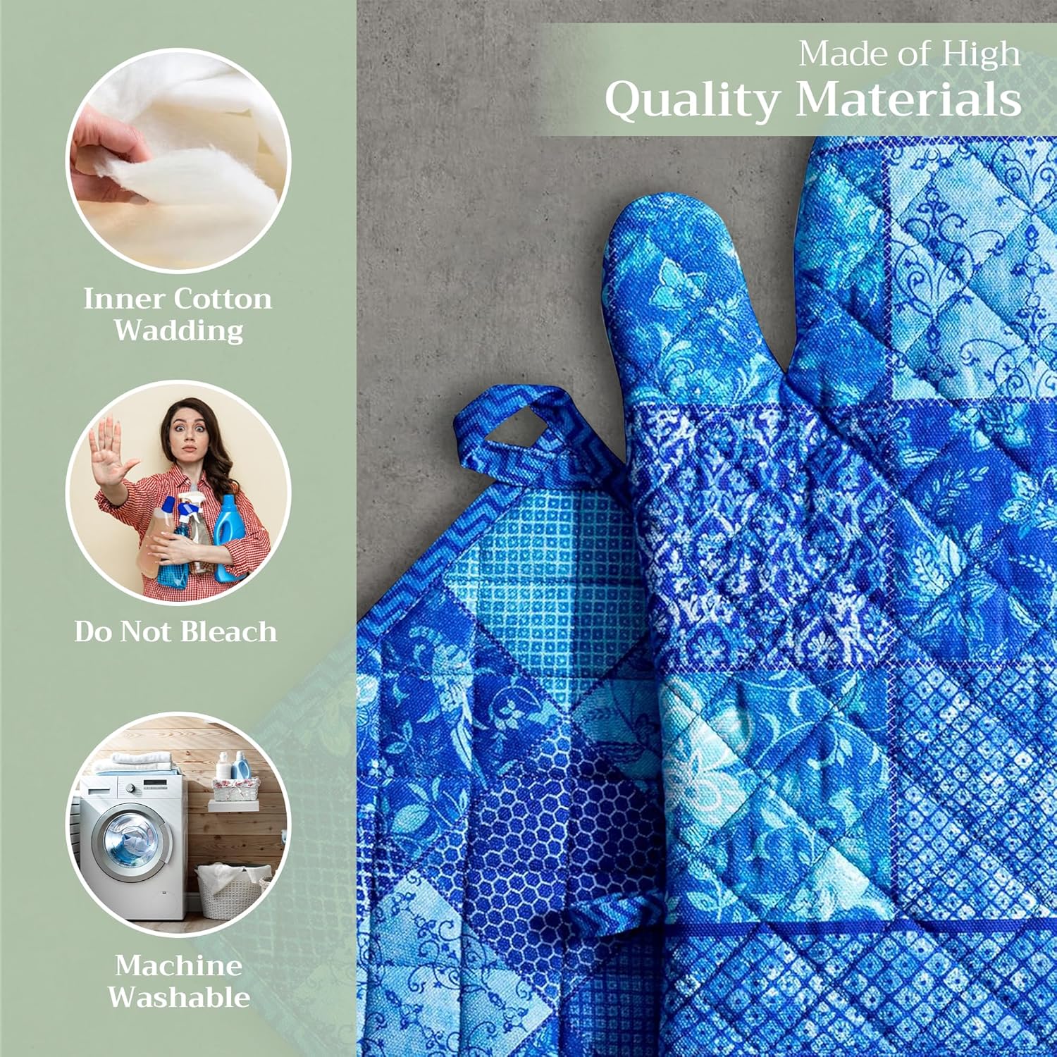 Maison d' Hermine 100% Cotton Oven Mitt & Pot Holder Set (7.5"x13" & 8"x8") Heat Resistant BBQ Cooking Gloves with Loop, Baking, Grilling, Kitchen, Handling Hot Pans Spring/Summer (Indigo Love)