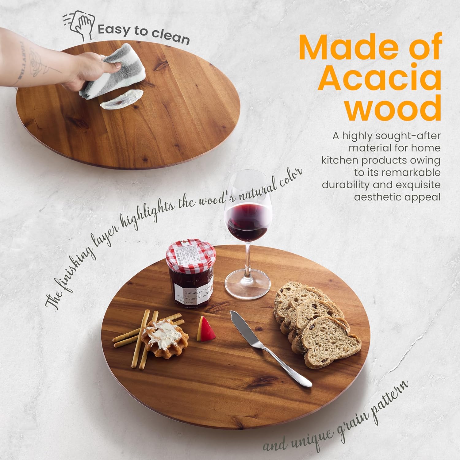 16" Acacia Wood Lazy Susan for Table Top - Wooden Turntable Serving Tray for Charcuterie Boards Cheese Board - Extra Large Round Lazy Susan Organizer - Kitchen Revolution for Countertop