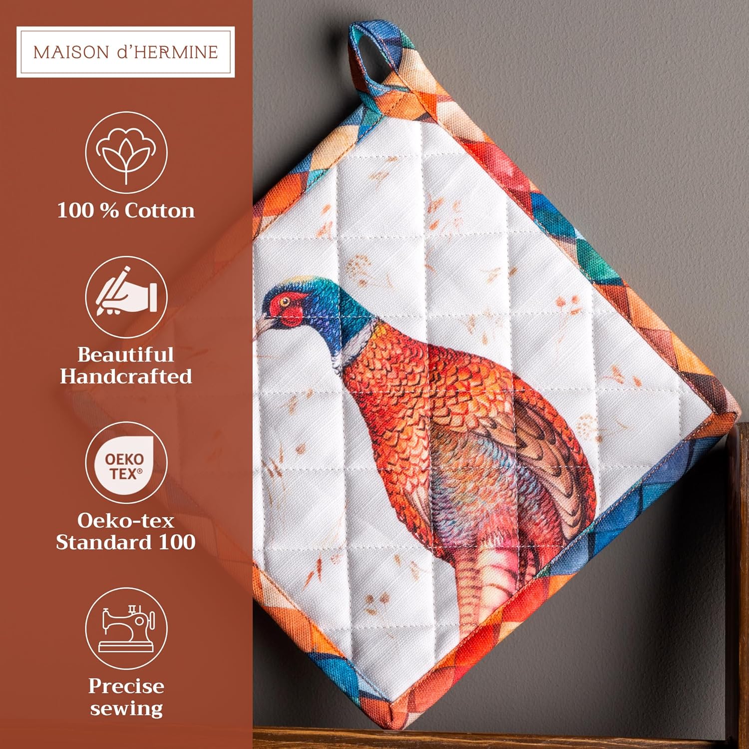 Maison d' Hermine Pot Holders Set 100% Cotton Heat Resistant Potholders 8" x 8" Hot Pads with Loop BBQ, Cooking, Baking, Grilling, Kitchen, Handling Hot Pans (Pack of 2, Faisan D'Automne)