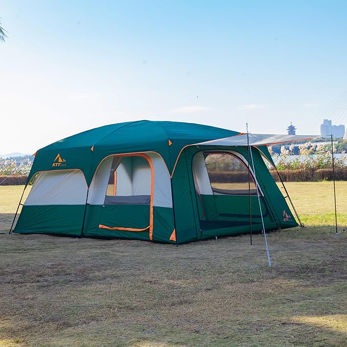 KTT Extra Large Tent 10-12-14 Person(A),Family Cabin Tents,2 Rooms,3 Doors and 3 Windows with Mesh,Straight Wall,Waterproof,Double Layer,Big Tent for Outdoor,Picnic,Camping,Family Gathering