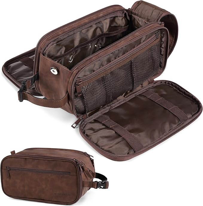 PAVILIA Toiletry Bag for Men Women, Mens Travel Bag Toiletries Organizer Case for Grooming, Travel Essentials Shaving Dopp Kit, PU Leather Water Resistant Cosmetic Pouch, Dark Brown