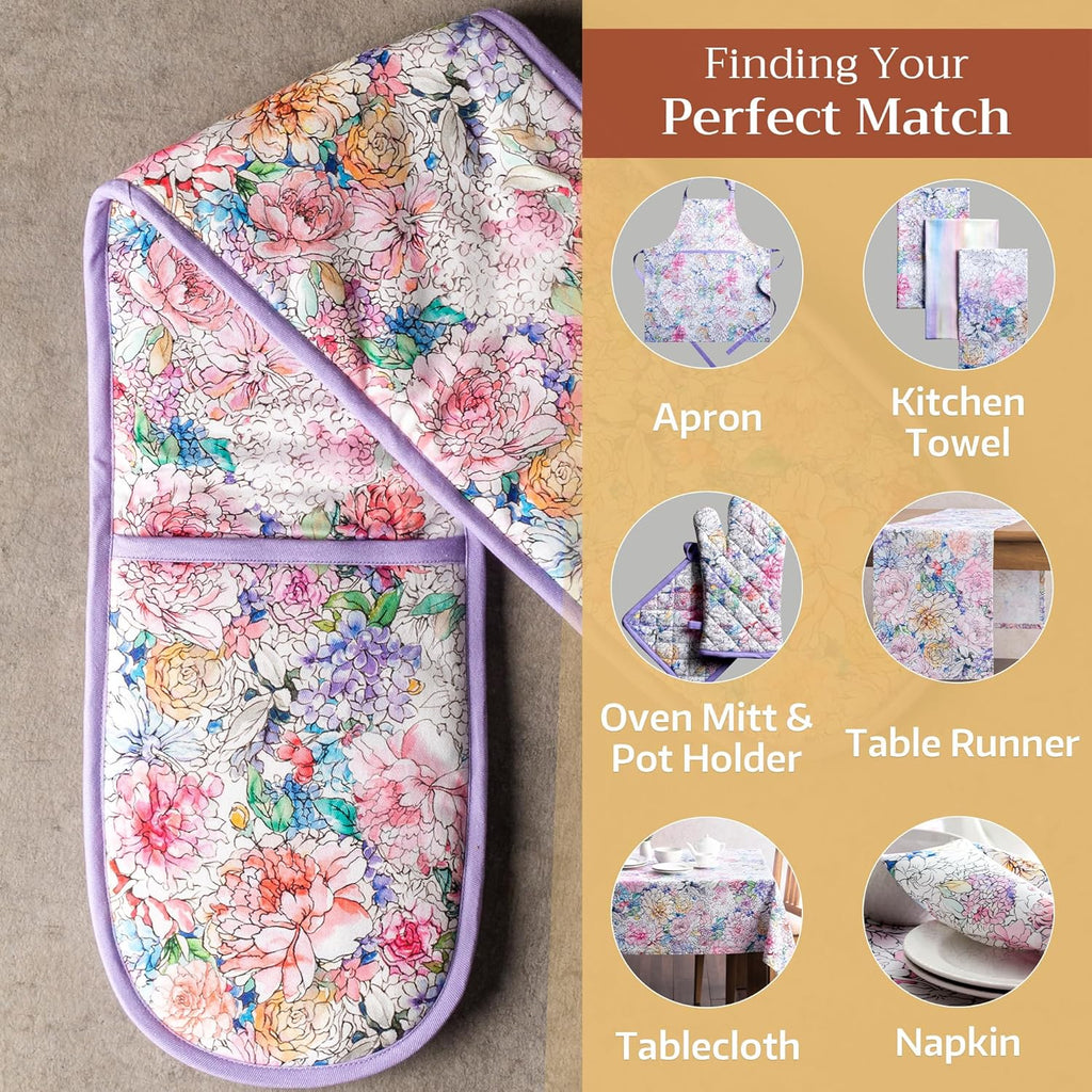 Maison d' Hermine Double Oven Mitts 100% Cotton 7"x35" Double Oven Mitt Heat Resistant BBQ Cooking Gloves with Loop, Baking, Grilling, Home, Kitchen, Handling Hot Pans Spring Summer (Floral Love)