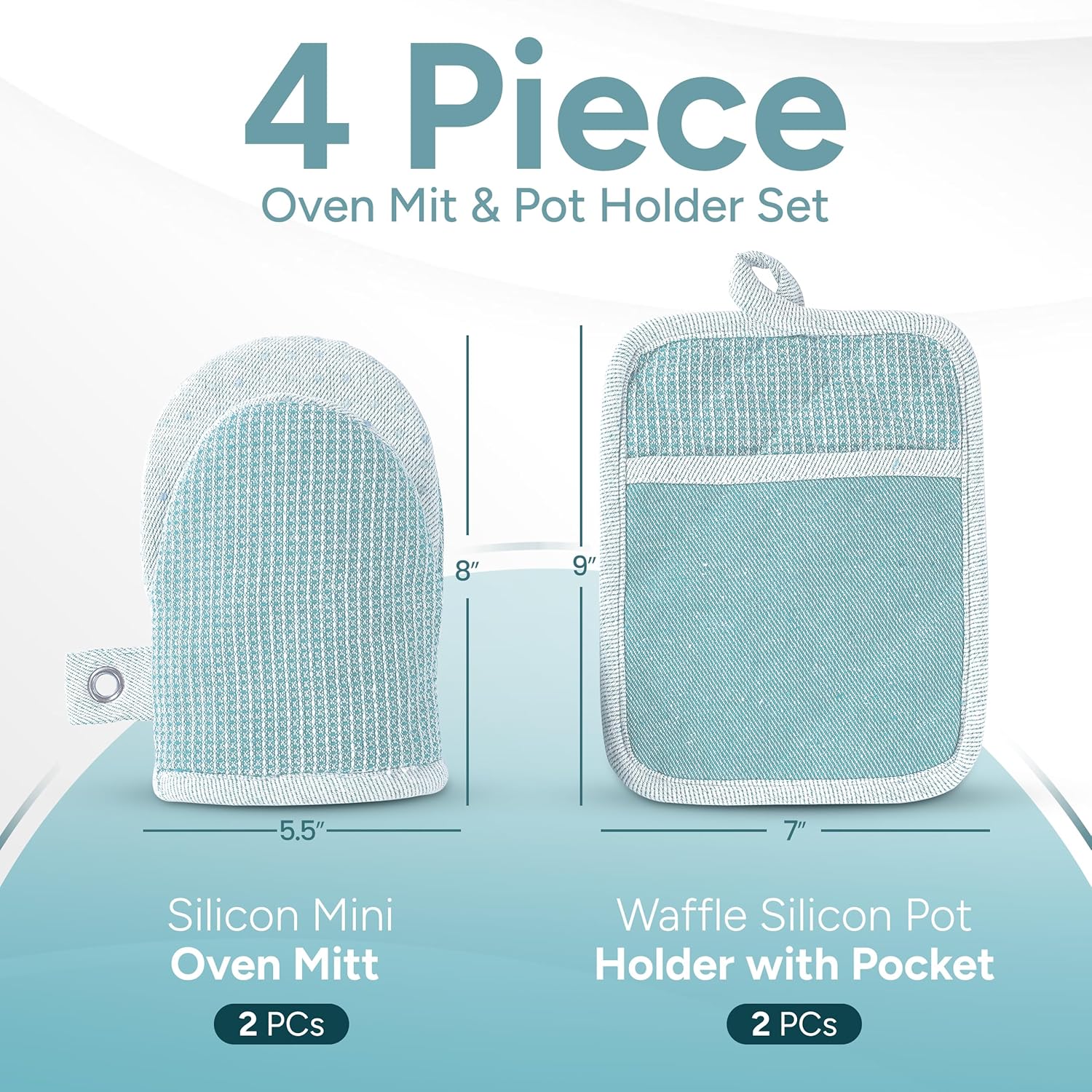 Casa Platino Silicone Oven Mitts & Pot Holders, 4-Piece – Oven Mitt for Baking & BBQ, Pot Holders for Kitchen, Hot Dishes & Microwave – Heat Resistant Up to 500°F, Non-Slip & Machine Washable – Aqua