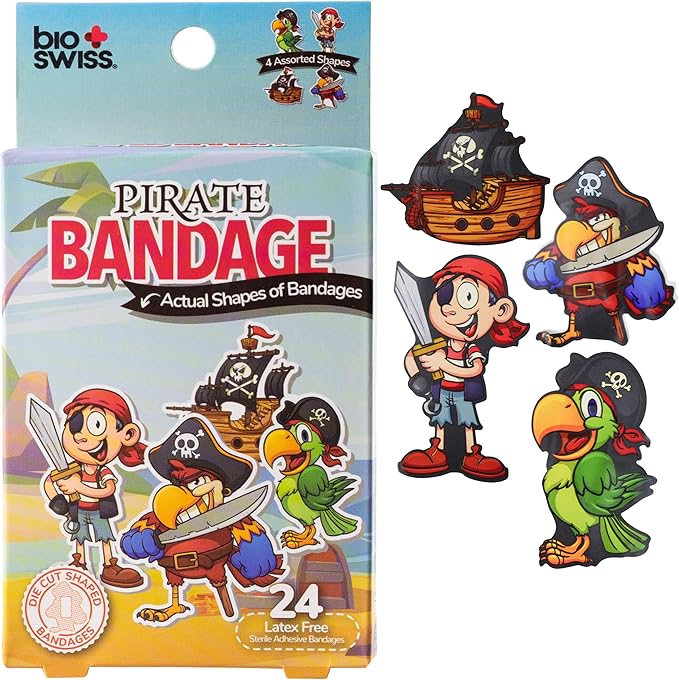 BioSwiss Bandages, Pirate Shaped Self Adhesive Bandage, Latex Free Sterile Wound Care, Fun First Aid Kit Supplies for Kids and Adults, 24 Count