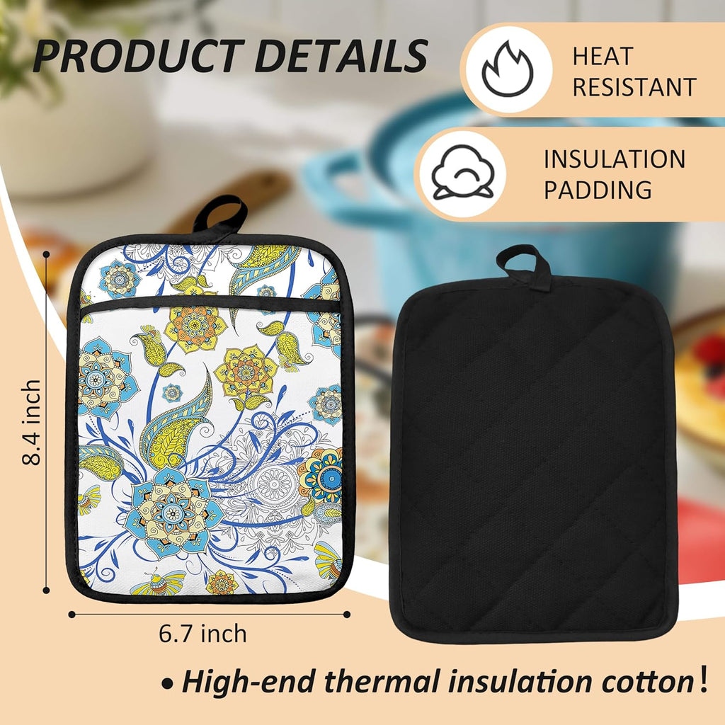 Boho Floral Oven Mitts Set, Vintage Luxury Blue and Gold Flower Floral Heat Resistant Kitchen Oven Gloves for Baking and Cooking,Pot Holders