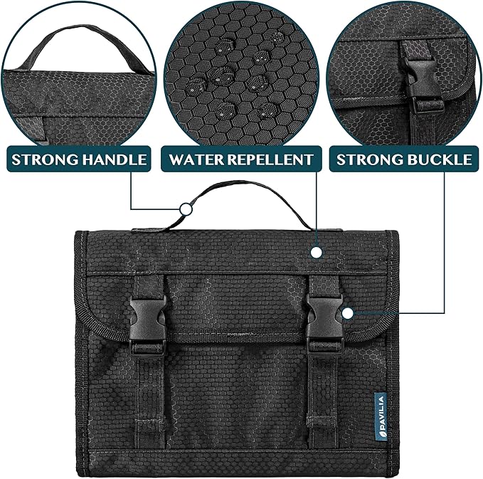PAVILIA Travel Hanging Toiletry Bag for Women Men, Large Capacity Makeup Bag Kit, Waterproof Cosmetic Storage Organizer Case for Bathroom Shower, Black