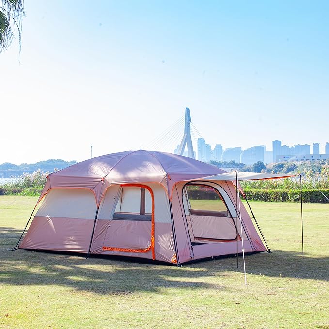 KTT Extra Large Tent 10-12-14 Person(A),Family Cabin Tents,2 Rooms,3 Doors and 3 Windows with Mesh,Straight Wall,Waterproof,Double Layer,Big Tent for Outdoor,Picnic,Camping,Family Gathering