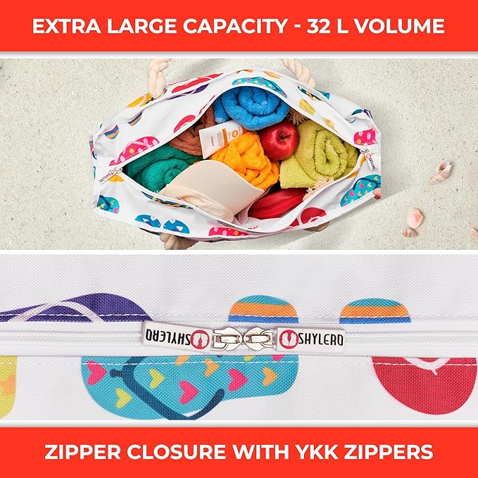 SHYLERO Beach Bag and Pool Bag. Has Airtight Pouch, Ton of Pockets. Beach Tote is Zippered, Water Resistant. Family Size