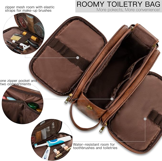 Elviros Toiletry Bag for Men, Large Travel Shaving Dopp Kit Water-resistant Bathroom Toiletries Organizer PU Leather Cosmetic Bags (Medium, Dark Brown)