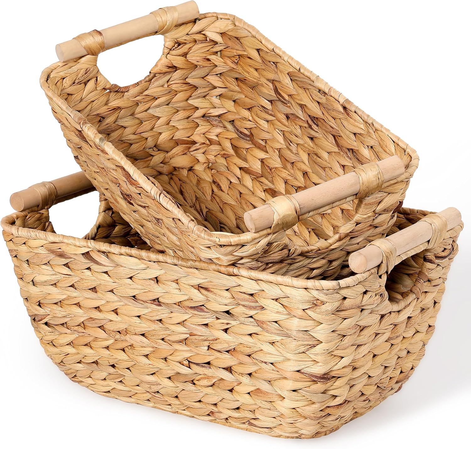 Large Wicker Storage Baskets with Wooden Handles, Woven Water Hyacinth Storage Organizers for Throw Blankets, Bedroom, Living Room, Laundry，2-Pack