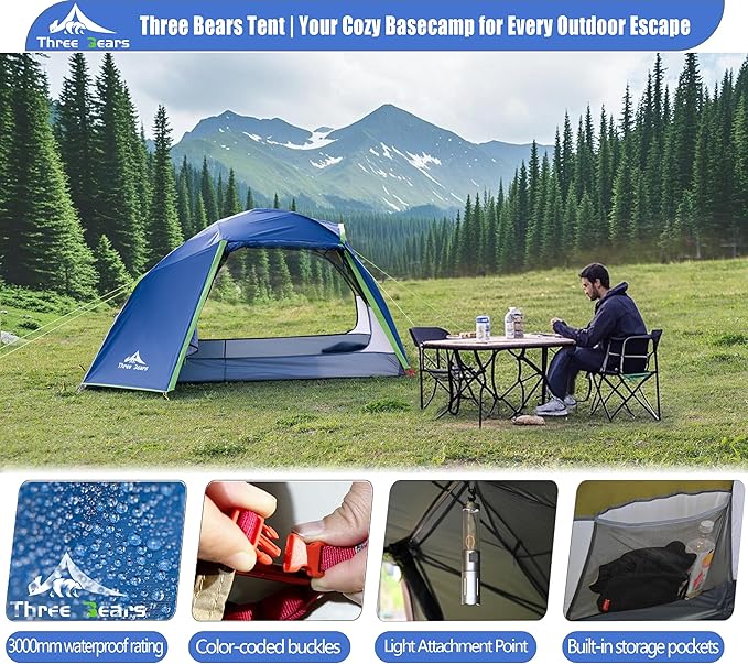 ThreeBears 2-Person Camping Tent, Waterproof & Windproof Lightweight Backpacking Tent for Hiking, Camping, Mountaineering & Travel - Durable & Easy Setup