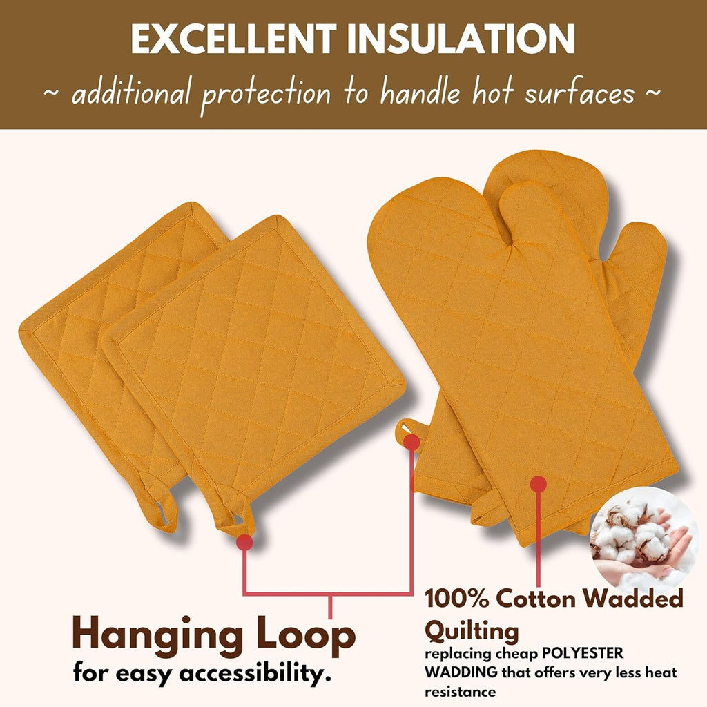 Native Fab 4 Piece Set - 2 Oven Mitts & 2 Potholders, Heat Resistant, 100% Cotton, Quilted Design, Non-Slip Grip, Machine Washable, Ideal for Baking, Cooking, BBQ, Kitchen Protection - Mustard Yellow