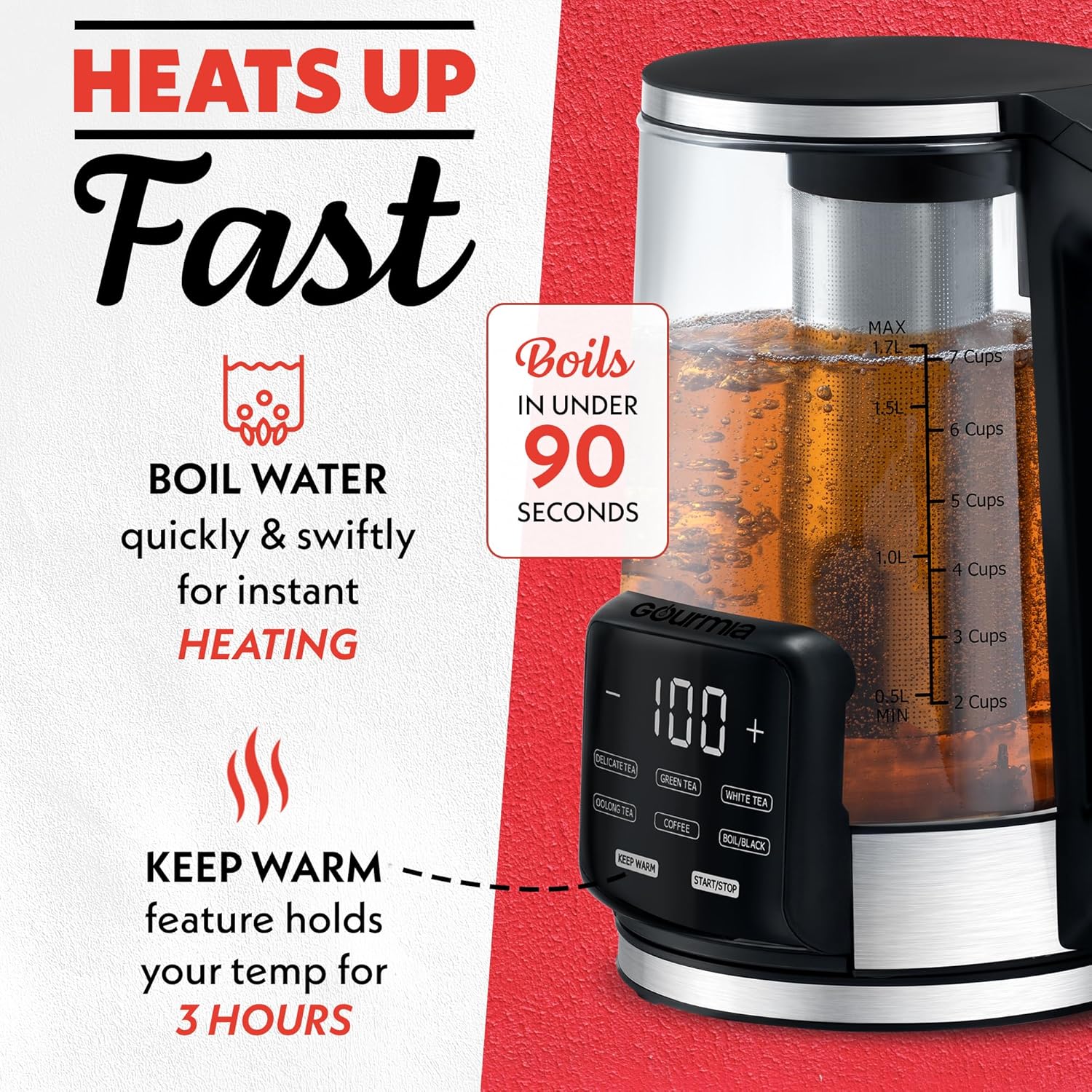 Gourmia Electric Programmable Glass Kettle – 1.7L Temperature Control Tea & Coffee Kettle with Digital Touch Display, 6 Presets, Keep Warm, Removable Stainless Steel Infuser, 360° Swivel Base – Red