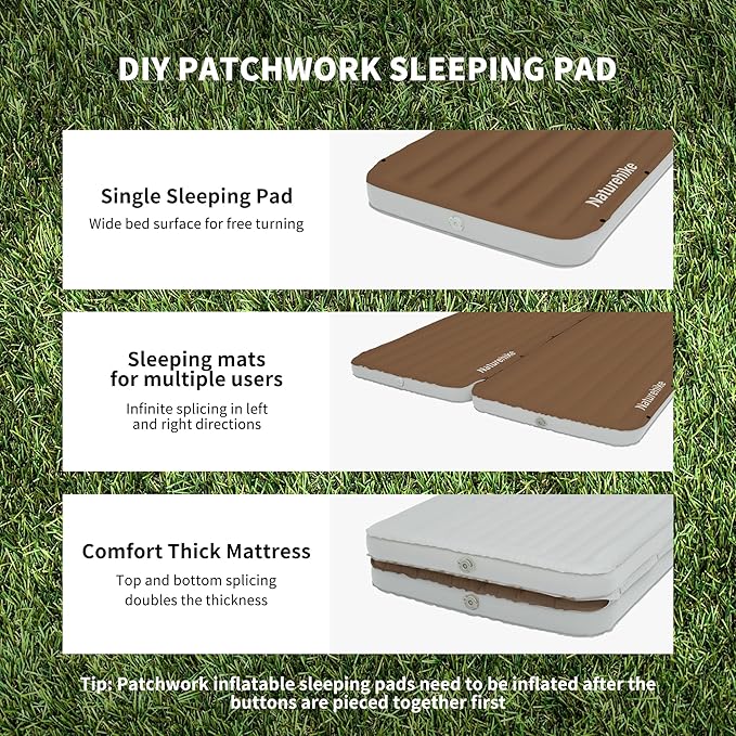 Naturehike Single Camping Mattress, Splicable Sleeping Pad with Air Pump Sack, 3.74" Thick Sleeping Mats with Strong Support for Travel, Car, Tent, Home