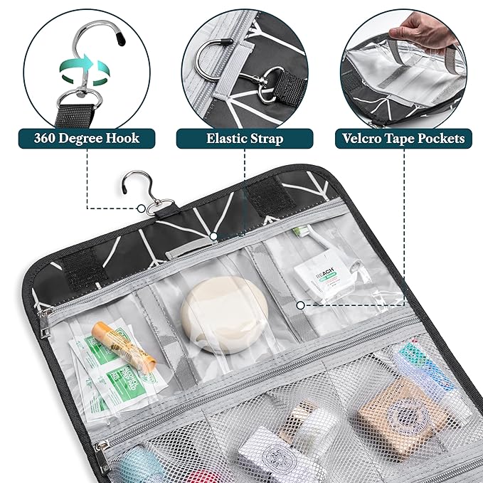 PAVILIA Hanging Toiletry Bag Women Men, Travel Kit Foldable Large Toiletries Organizer, Roll up Cosmetics Makeup Bag Accessories, Waterproof Essentials Jewelry Case (Black Chevron)