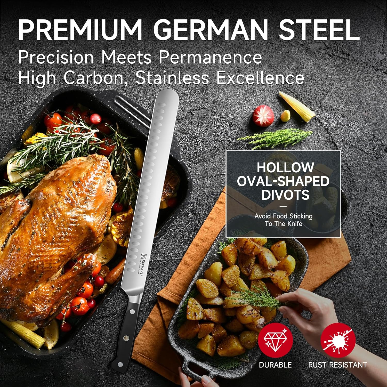 KEEMAKE Brisket Knife, 12" Carving Knife for Meat, Razor Sharp German Steel Kitchen Knives with Ergonomic Handle for BBQ Roasts Ribs Turkey Ham