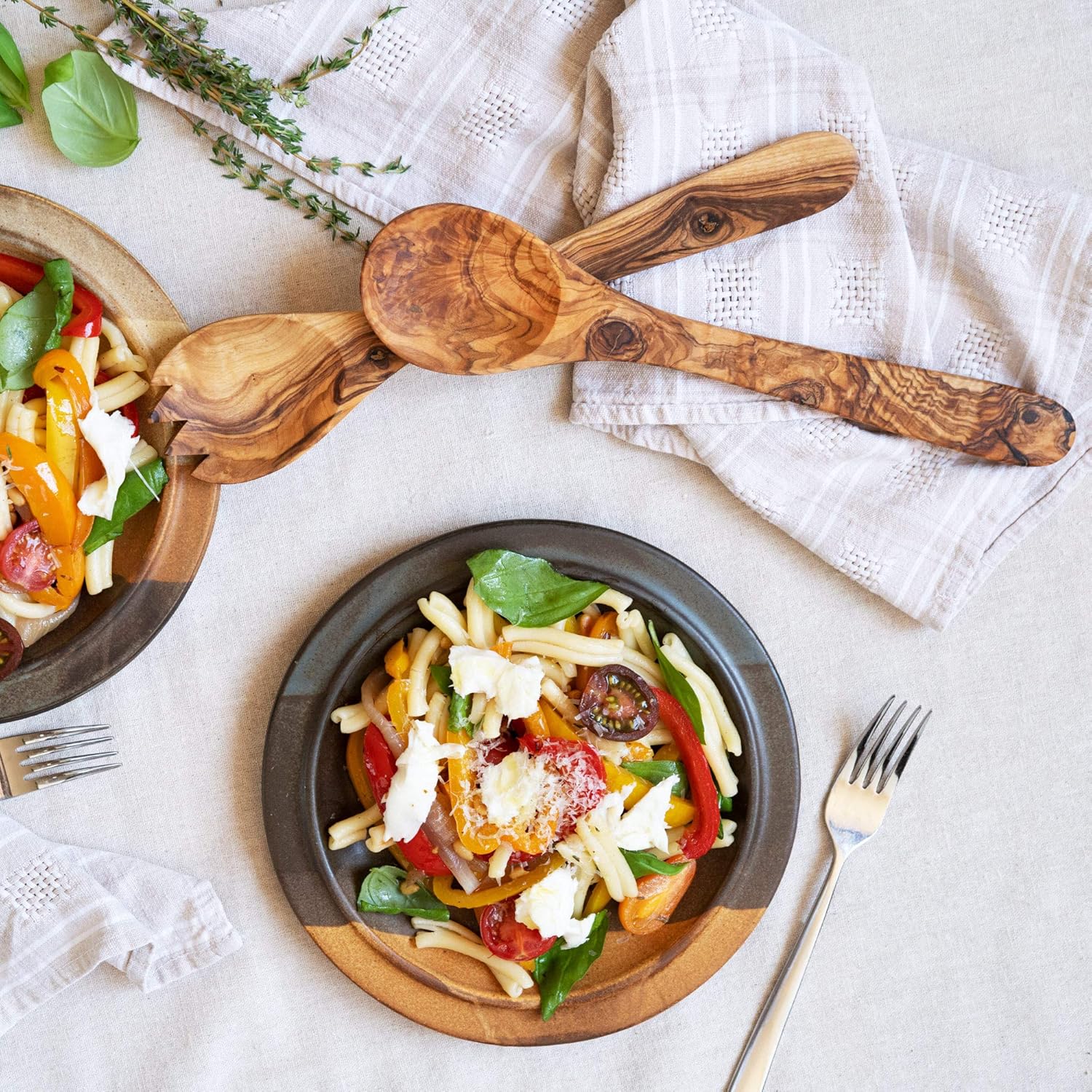 Tramanto Olive Wood Salad Server Set - 12 Inch Wooden Tongs - Rustic French Style