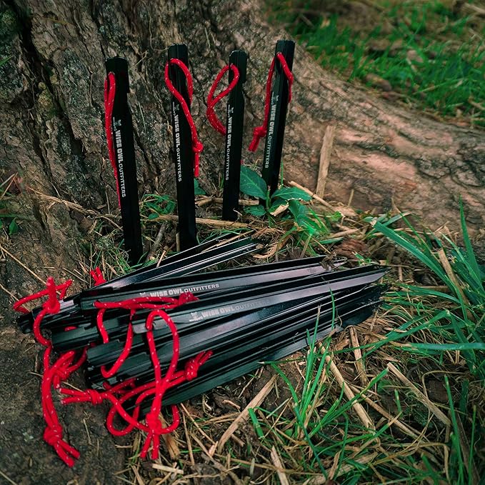 Wise Owl Outfitters Tent Stakes - Heavy Duty Camping Stakes for Outdoor Tent & Tarp - Essential Camping Accessories, Available in 12pk or 16pk Black