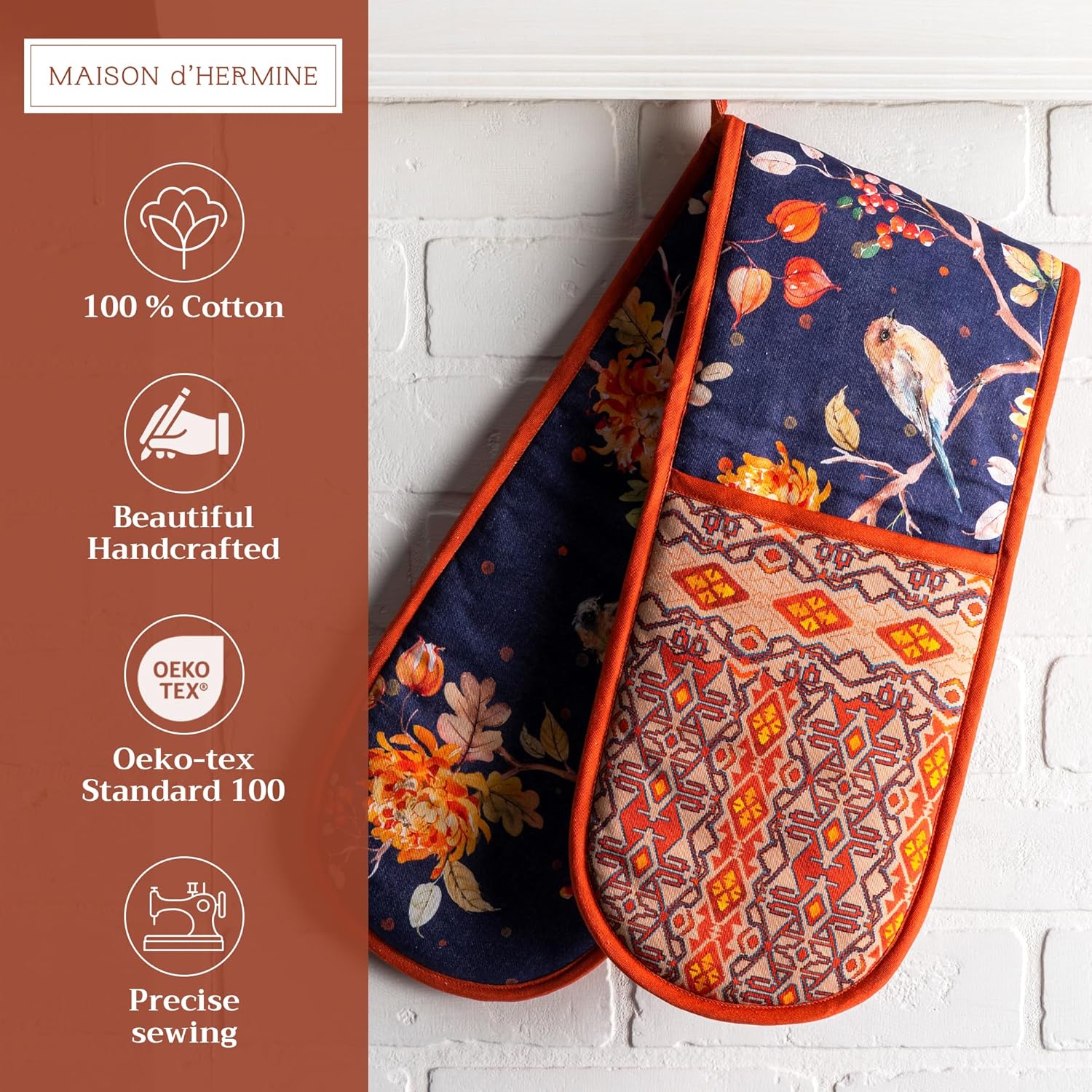 Maison d' Hermine Double Oven Mitt 100% Cotton Heat Resistant Cooking Gloves with Loop, Baking Barbeque, Handling Hot Pan, Kelim - Infinity - Thanksgiving/Christmas (7 Inch x 35 Inch)