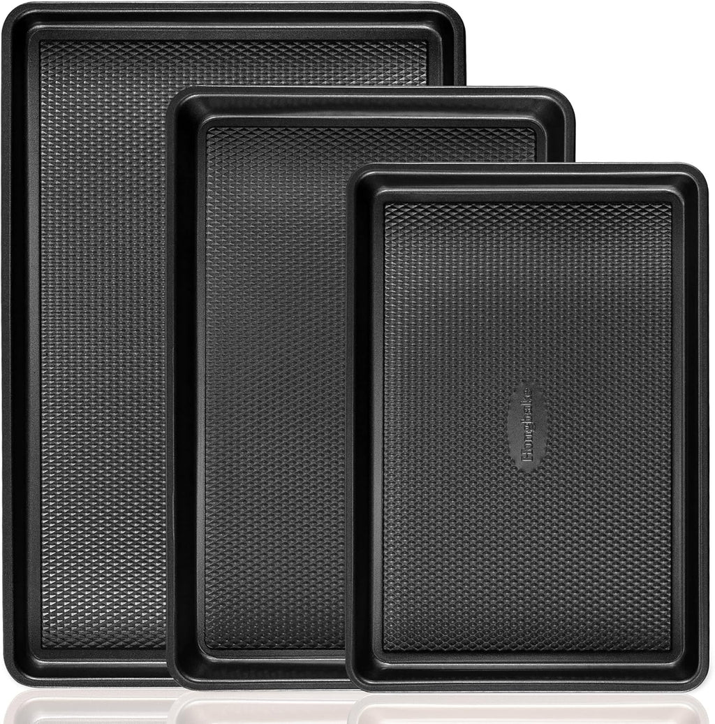 Cookie Sheets for Baking Nonstick - HONGBAKE Baking Sheet Pan Set of 3, Half/Quarter/Jelly Roll Pan for Oven with Diamond Texture Pattern, 57% Thicker Carbon Steel Cookie Trays, Dark Grey