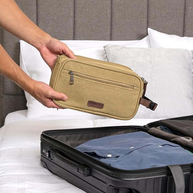 PAVILIA Toiletry Bag for Men, Canvas Travel Dopp Kit, Water Resistant Hygiene Bag Toiletries Organizer, Shaving Kit Travel Accessories Bag, Tan Khaki