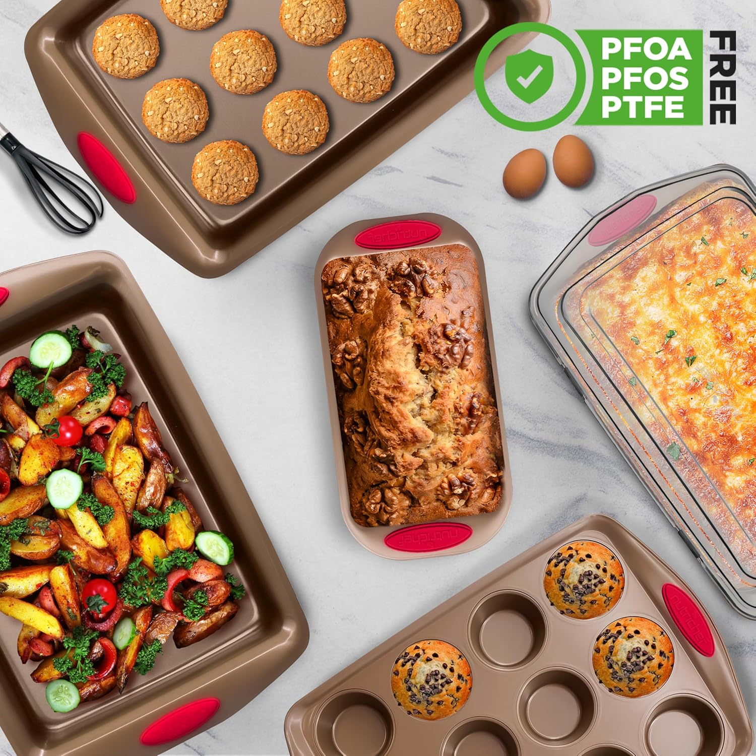NutriChef 6-Piece Baking Pan Set - PFOA, PFOS, PTFE Free Flexible Nonstick Golden Coating Carbon Steel Bakeware - Professional Home Kitchen Bake Cookie Sheet Stackable Tray w/Red Silicone Handles
