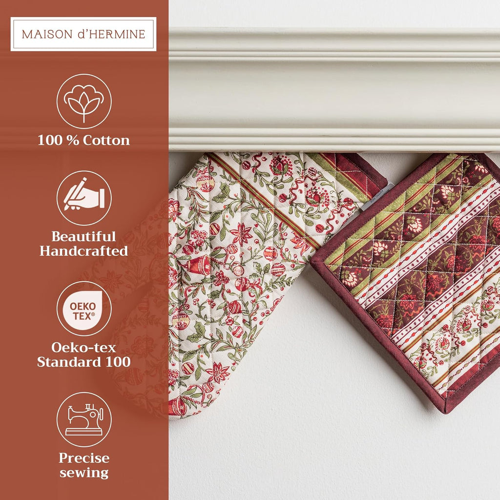 Maison d' Hermine 100% Cotton Oven Mitt & Pot Holder Set (7.5"x13" & 8"x8") Heat Resistant BBQ Cooking Gloves with Loop, Baking, Grilling, Kitchen, Handling Hot Pans (Reveillon Au Jardin)