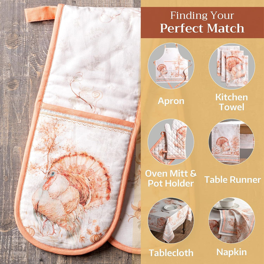 Maison d' Hermine Double Oven Mitts 100% Cotton 7"x35" Double Oven Mitt Heat Resistant BBQ Cooking Gloves with Loop, Baking, Grilling, Home, Kitchen, Handling Hot Pans (Giving Thanks)