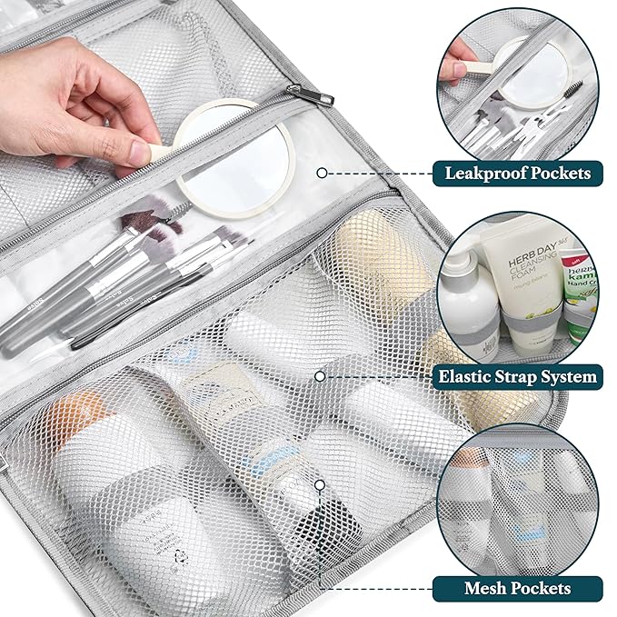 PAVILIA Hanging Toiletry Bag Women Men, Travel Kit Foldable Large Toiletries Organizer, Roll up Cosmetics Makeup Bag Accessories, Waterproof Essentials Jewelry Case (Heather Grey)