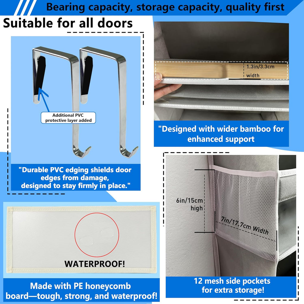 over the door organizer, Solid Bamboo Board (Not Plastic!) 6-Tier Heavy Duty 75LB, 12 Side Pockets, 3 Reinforced Hooks & Anti-Slip Pads, Waterproof & Washable, No Sagging, No Door Damage,Grey