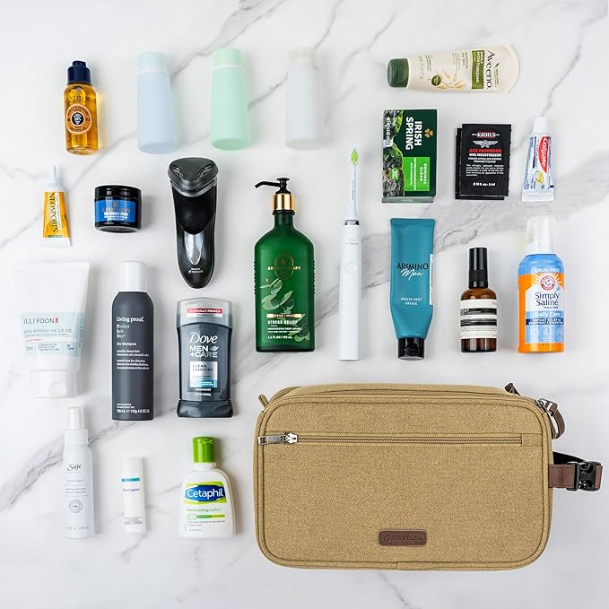 PAVILIA Toiletry Bag for Men, Canvas Travel Dopp Kit, Water Resistant Hygiene Bag Toiletries Organizer, Shaving Kit Travel Accessories Bag, Tan Khaki, Extra Large